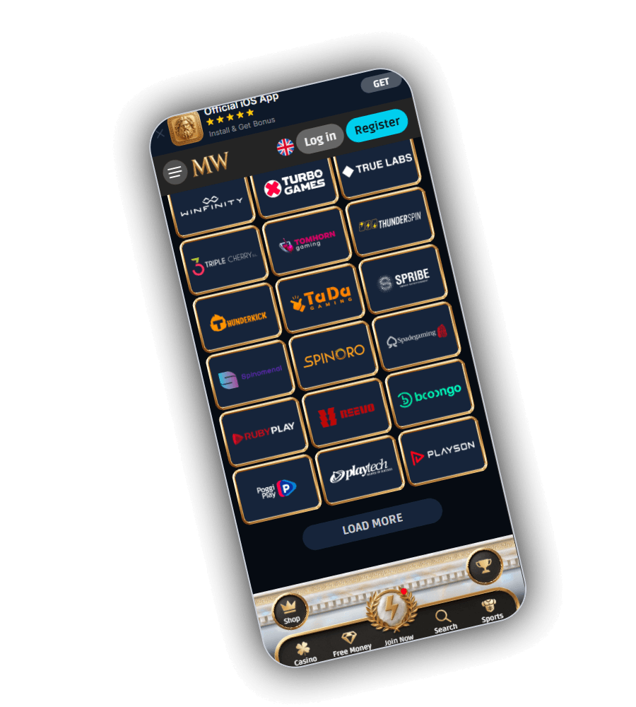 Anbieterübersicht bei MythosWin auf dem Handy mit goldgerahmten Logokacheln für Winfinity, Turbo Games, True Labs, Triple Cherry, Tom Horn Gaming, Thunderspin, Thunderkick, TaDa Gaming, Spribe, Spinomenal, Spinoro, Spadegaming, Booongo, RubyPlay, Reevo, Playson, PoggiPlay und Playtech sowie einem Knopf LOAD MORE
