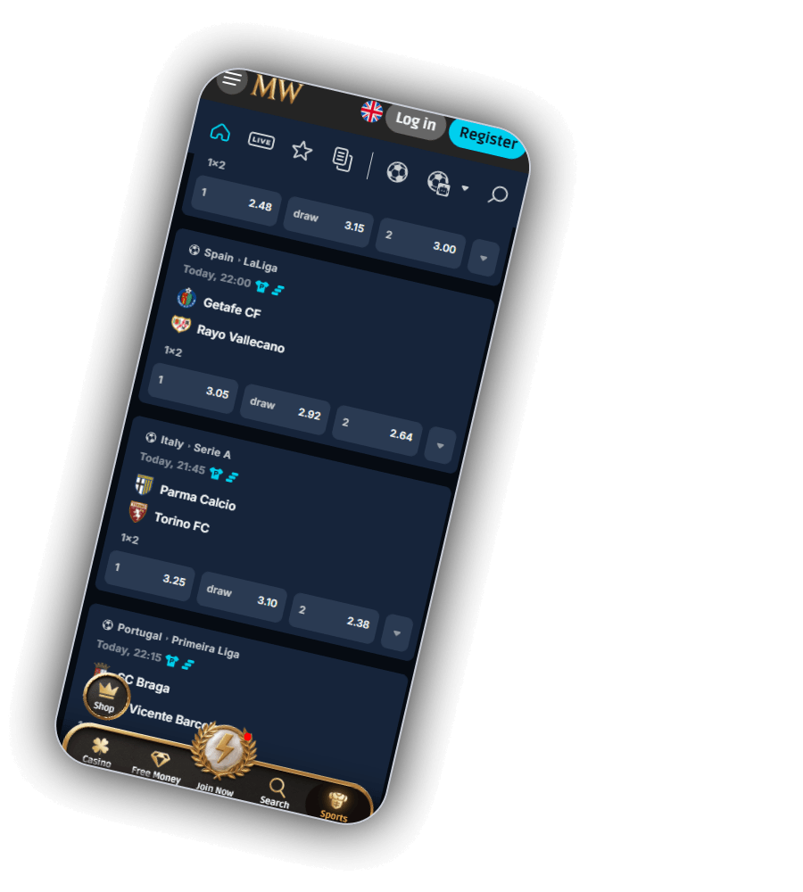 Sportwetten bei MythosWin auf dem Handy mit Symbolen für Start, Live, Favoriten, Wettschein, Fussball und Sportauswahl und Spielen aus LaLiga, Serie A und Primeira Liga mit Quoten für 1, draw und 2